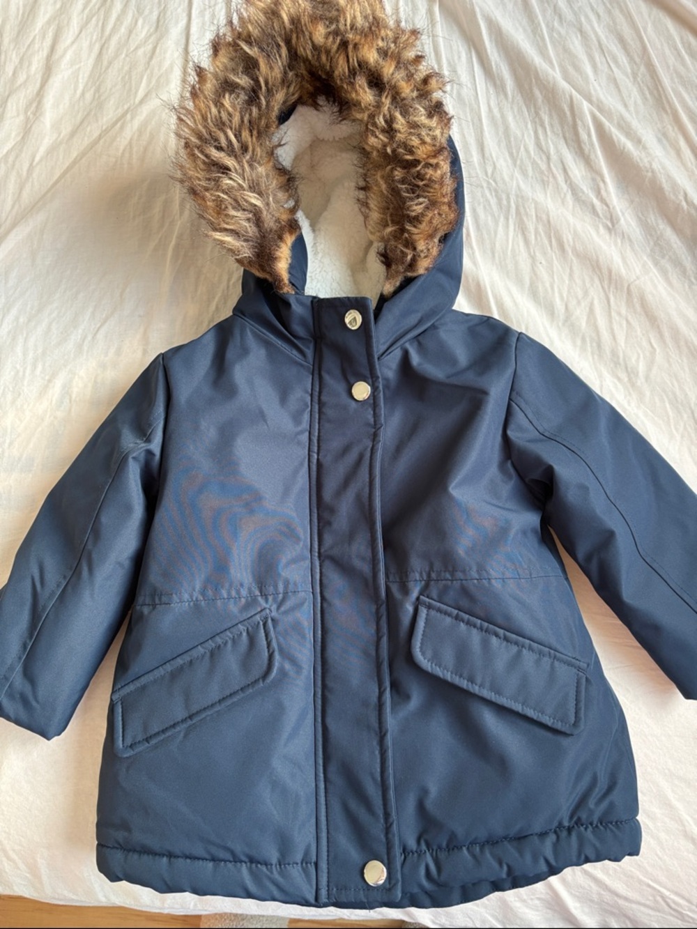 George Navy Kids Hooded Puffer Coat with Faux-Fur Trim